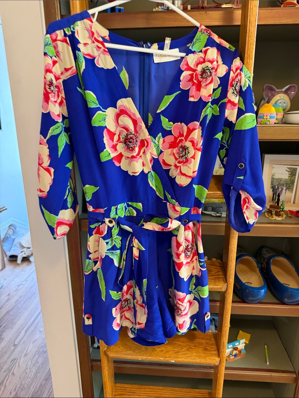 Yumi Kim Royal Blue Floral Wrap Romper with Pink & Cream Blooms